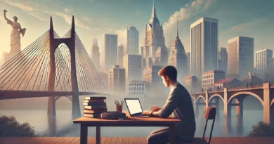 DALL·E 2025 01 17 19.57.35 Uma imagem wide representando a preparacao para concursos publicos em Sao Paulo. A cena mostra um jovem estudando em uma mesa com livros e um laptop