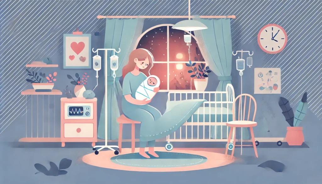 DALL·E 2025 01 18 14.44.18 Uma imagem wide representando a licenca maternidade estendida. A cena mostra uma mae segurando seu bebe prematuro em casa com um ambiente acolhedor e