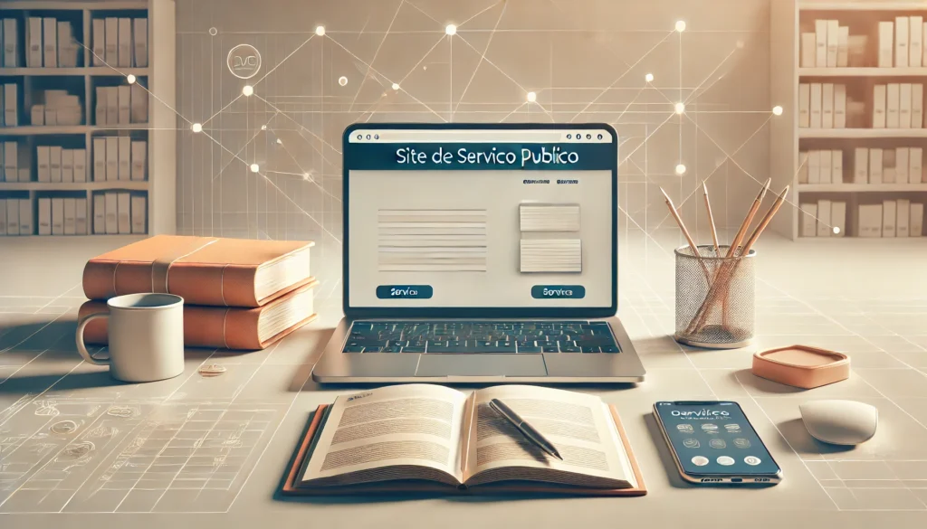 Como Tirei a Certidão de Quitação Eleitoral de Graça Pela Internet DALL·E 2025 01 21 22.54.10 Uma imagem wide mostrando um ambiente moderno com um laptop aberto exibindo um site de servico publico sem texto visivel simbolizando a emissao de