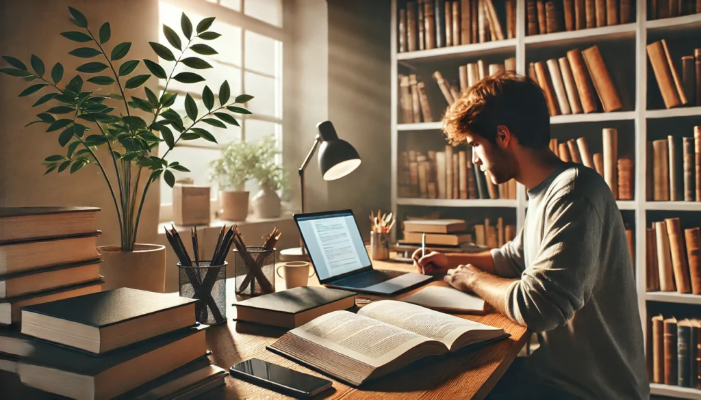 Como Estudo Para o Concurso do INSS Sem Gastar com Cursos DALL·E 2025 01 27 15.19.05 Uma imagem wide representando uma pessoa estudando para concursos publicos sentadoa em uma mesa com livros abertos um laptop com uma tela exibindo