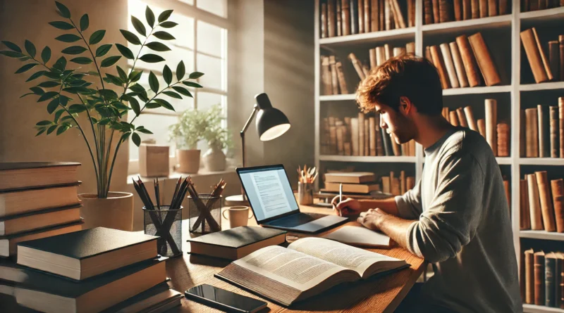 DALL·E 2025 01 27 15.19.05 Uma imagem wide representando uma pessoa estudando para concursos publicos sentadoa em uma mesa com livros abertos um laptop com uma tela exibindo