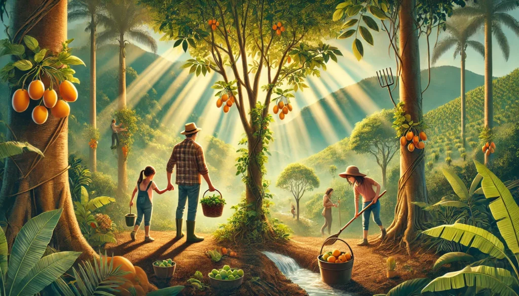 Como o Programa Bolsa Verde Pode Beneficiar Sua Família DALL·E 2025 01 28 11.26.55 Uma imagem wide mostrando uma familia em um ambiente de floresta tropical realizando atividades sustentaveis como plantio de arvores e coleta de frut