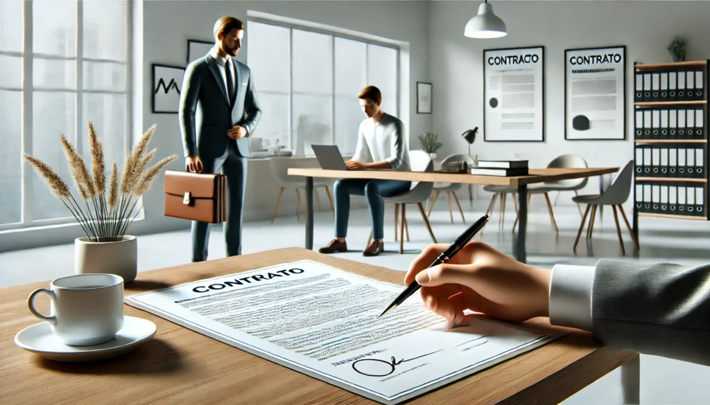Como Funcionam os Direitos de Quem Trabalha Como Temporário? DALL·E 2025 01 28 11.45.04 Uma imagem wide mostrando um trabalhador em um ambiente de escritorio assinando um contrato temporario com elementos que remetem a um ambiente corpo