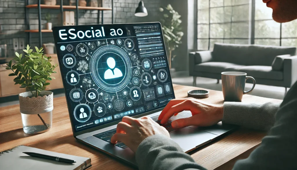 Dicas Práticas Para Consultar os Direitos no eSocial DALL·E 2025 01 29 21.52.04 Uma imagem wide representando o acesso ao eSocial mostrando uma pessoa utilizando um laptop para consultar informacoes trabalhistas online. O ambient