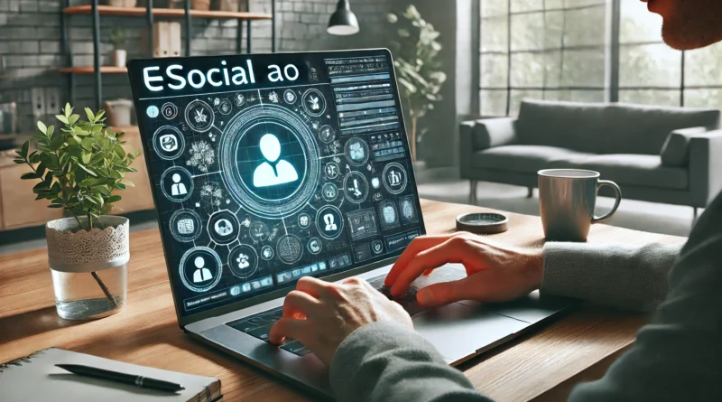 DALL·E 2025 01 29 21.52.04 Uma imagem wide representando o acesso ao eSocial mostrando uma pessoa utilizando um laptop para consultar informacoes trabalhistas online. O ambient