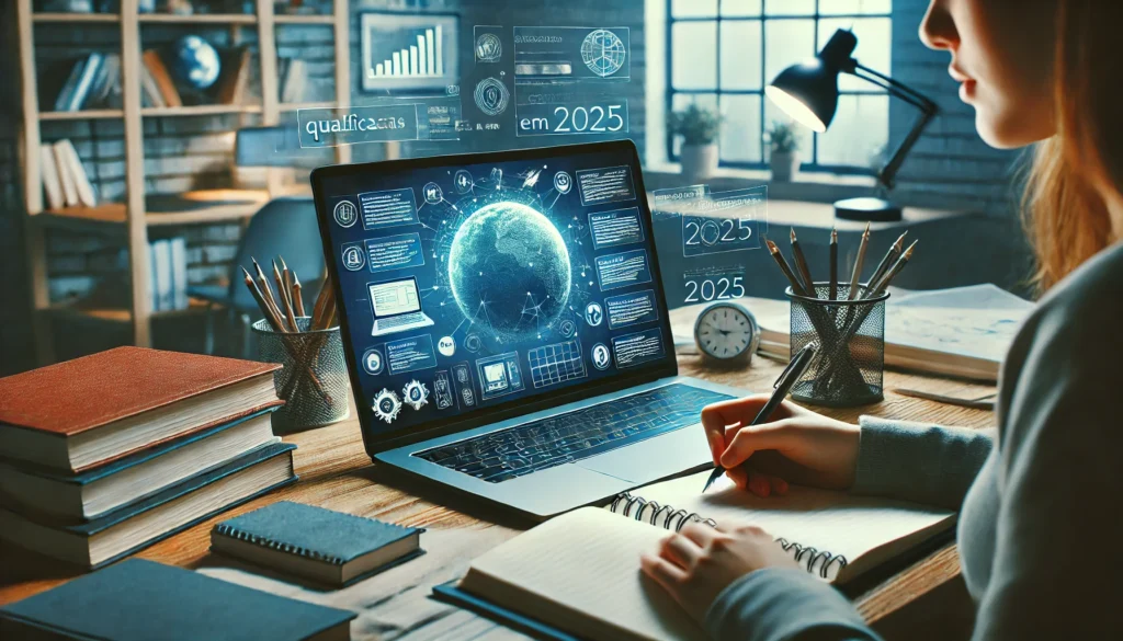 DALL·E 2025 01 30 22.20.51 Uma imagem wide realista representando uma pessoa estudando online em um ambiente moderno e organizado. A cena mostra um notebook aberto com uma plata