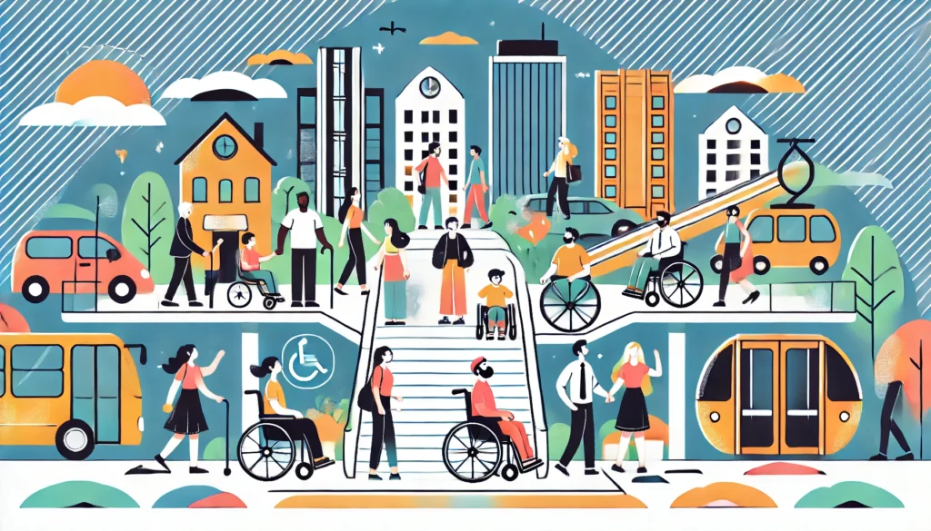 Os Benefícios de Inclusão para Pessoas com Deficiência: Direitos e Oportunidades DALL·E 2025 01 31 20.50.56 Uma ilustracao moderna e vibrante representando a inclusao de pessoas com deficiencia. A imagem mostra um ambiente urbano acessivel com rampas eleva 1