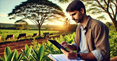 DALL·E 2025 02 01 19.54.01 Uma imagem wide e realista representando um trabalhador rural em um ambiente de campo revisando documentos e solicitando beneficios previdenciarios.