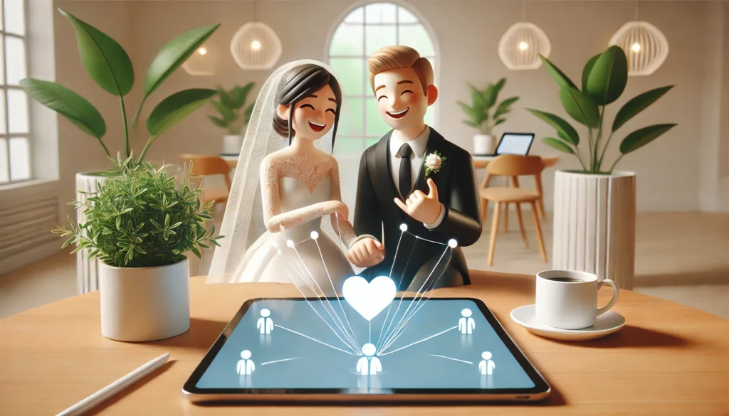 Por Que Decidi Fazer Minha Certidão de Casamento Digital DALL·E 2025 02 10 18.45.57 Uma imagem wide e realista representando o conceito de uma certidao de casamento digital. A cena mostra um casal feliz sentado juntos em uma mesa vis