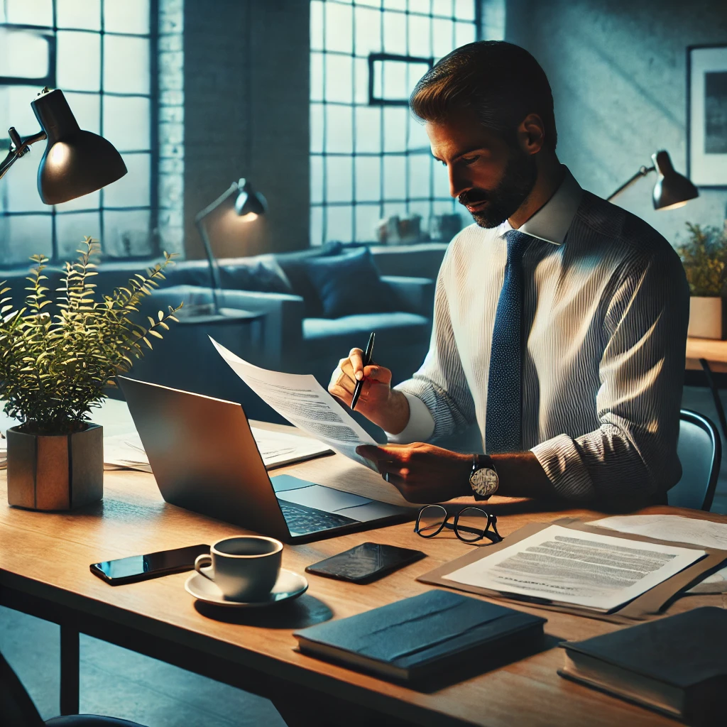 Entenda Seus Direitos ao Solicitar Demissão em 2025 DALL·E 2025 02 10 18.50.09 Uma imagem wide e realista representando um ambiente de escritorio moderno com um trabalhador sentado em uma mesa revisando documentos de rescisao d