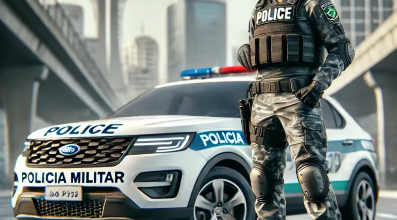 DALL·E 2025 02 10 19.00.44 A realistic wide image depicting a scenario related to the Sao Paulo Military Police. It features a police officer in the characteristic Sao Paulo uni