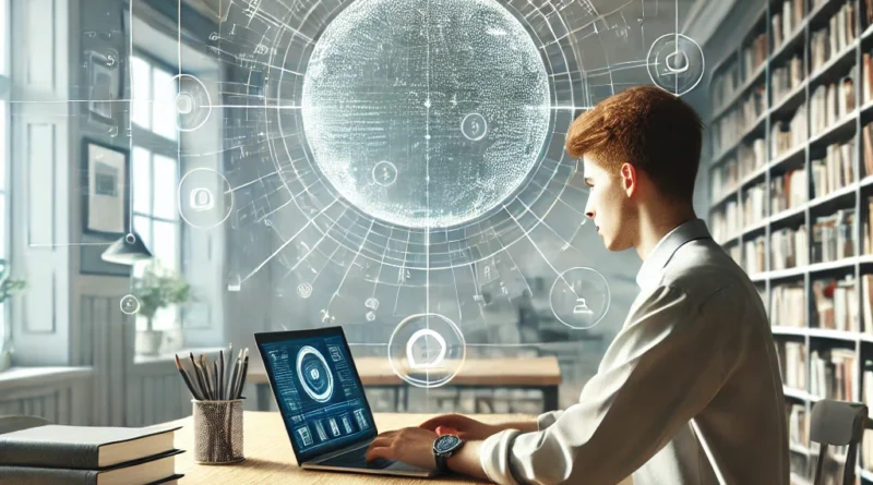 DALL·E 2025 02 14 00.41.08 A realistic wide angle image showing a student sitting at a desk in a modern brightly lit room using a laptop to access an educational portal. The e