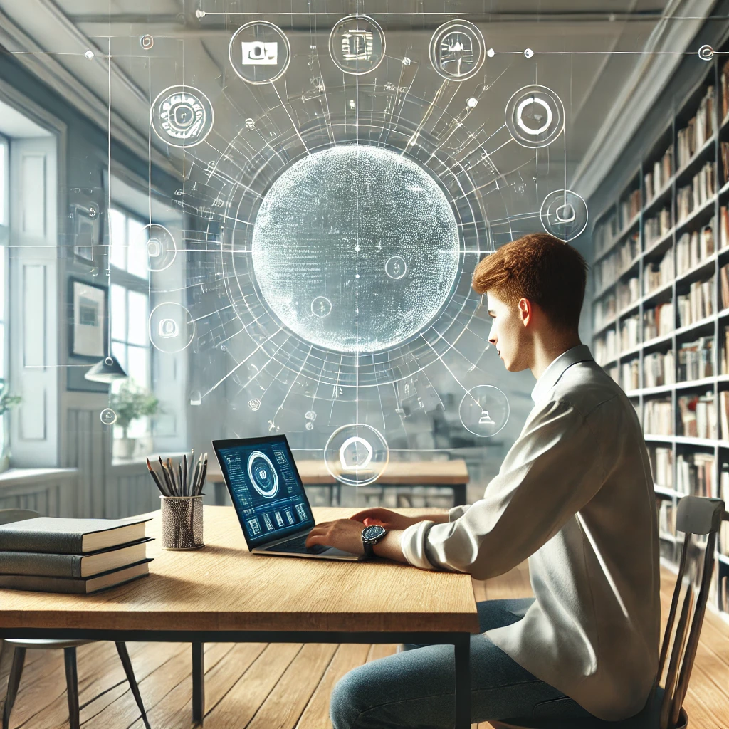 5 Motivos Para Consultar Seu Histórico Escolar Online Agora DALL·E 2025 02 14 00.41.08 A realistic wide angle image showing a student sitting at a desk in a modern brightly lit room using a laptop to access an educational portal. The e